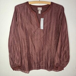 Chico's Textured Peasant Top Blouse Womens 2 (L) Burgundy Boho Shadow Striped